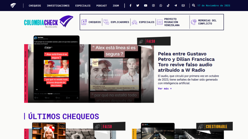 ColombiaCheck homepage with navigation, featured false audio story about Gustavo Petro and Dilian Francisca Toro, and recent fact-checks