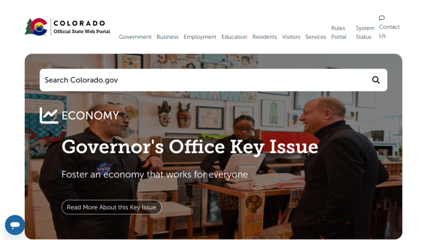 Colorado government website featuring the Governor's Office Key Issue on economy.