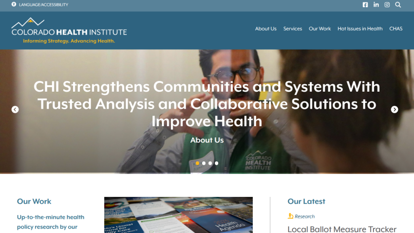 Colorado Health Institute homepage with navigation and headline about strengthening communities with trusted health analysis