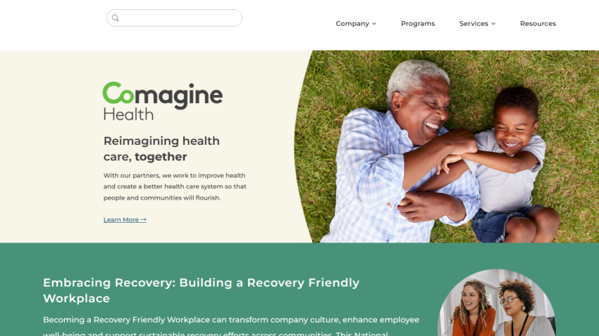 Comagine Health homepage with navigation, tagline about reimagining health care, and image of older man and child playing on grass
