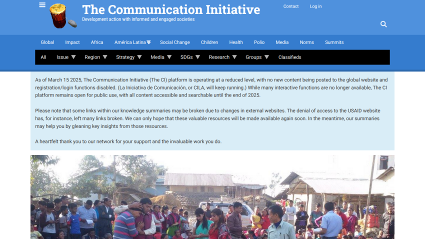 The Communication Initiative website with navigation menus, a notice about reduced platform activity, and a community gathering photo.