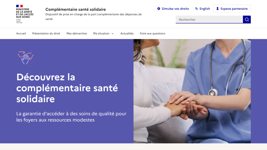 French health ministry page about complementary health coverage for low-income households with a nurse holding a patient's hands