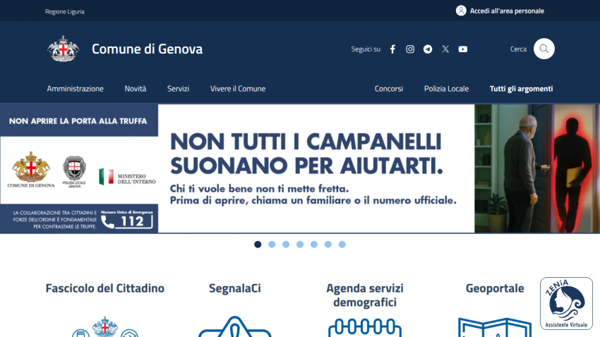 Comune di Genova website with navigation links and a public safety message about not opening the door to fraudsters