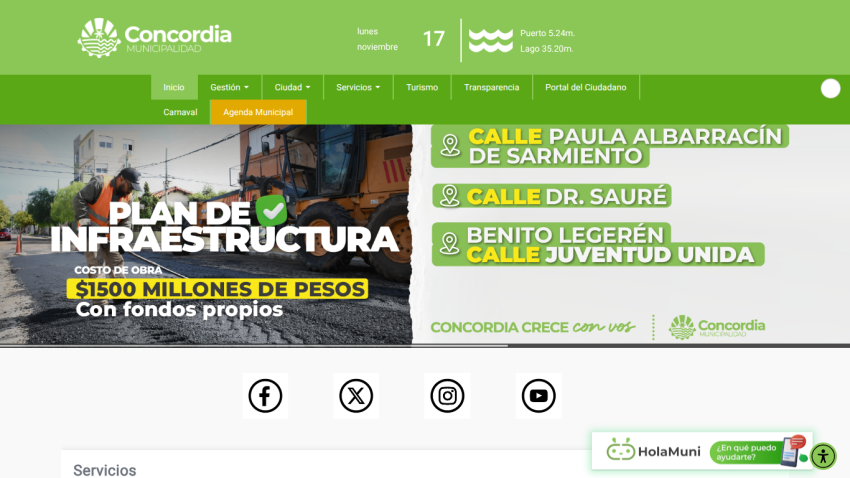 Municipal website showing infrastructure plan costing $1500 million pesos with street names and social media icons