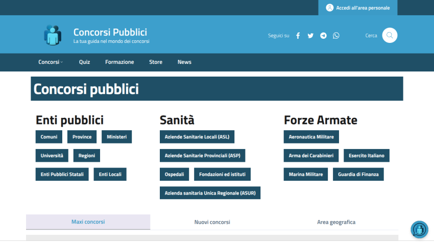 Homepage of Concorsi Pubblici featuring public competitions and categories for various sectors.