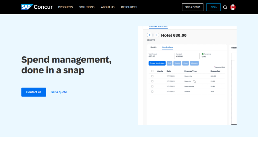 SAP Concur homepage with headline Spend management, done in a snap and call-to-action buttons Contact us and Get a quote
