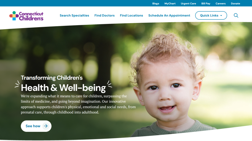 Homepage featuring a child with text on transforming children's health and well-being.