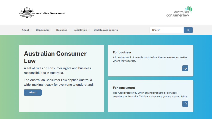 Australian Consumer Law overview with navigation menu, search bar, and sections for business and consumers