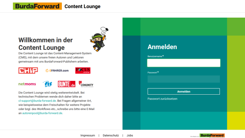 Login page for Content Lounge with welcome text and login form including username and password fields