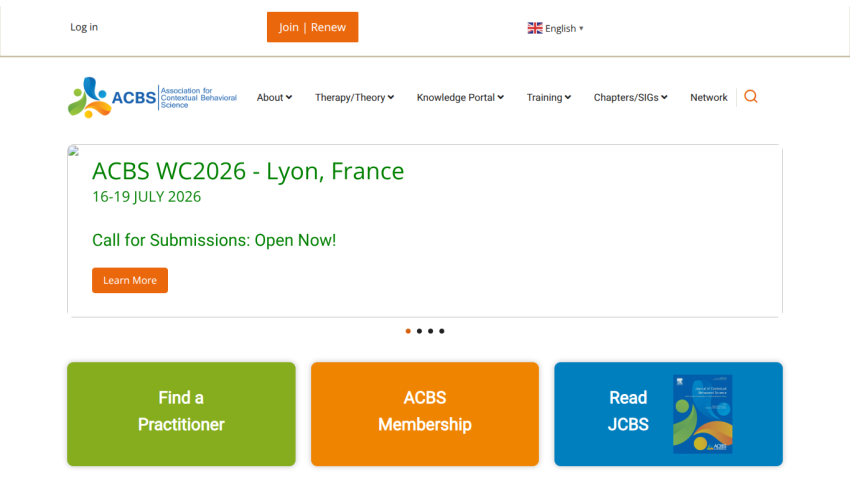 Association for Contextual Behavioral Science homepage with event announcement for ACBS WC2026 in Lyon, France and navigation options