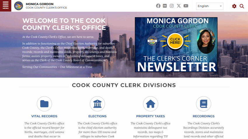 Cook County Clerk's Office welcome page with navigation links and newsletter promotion featuring Monica Gordon