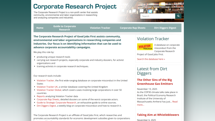 Corporate Research Project homepage with navigation, mission statement, research tools, and latest updates on corporate misconduct.