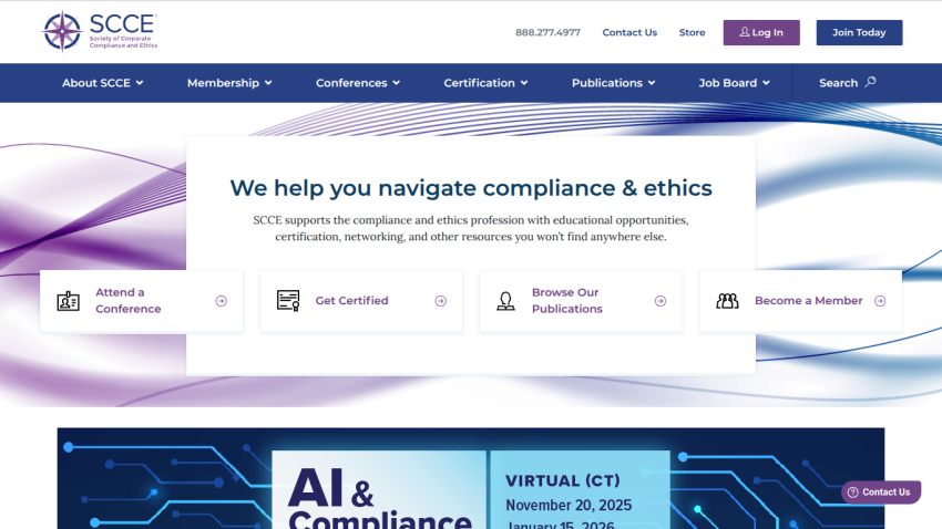 SCCE website homepage offering compliance and ethics resources with navigation links and event promotion
