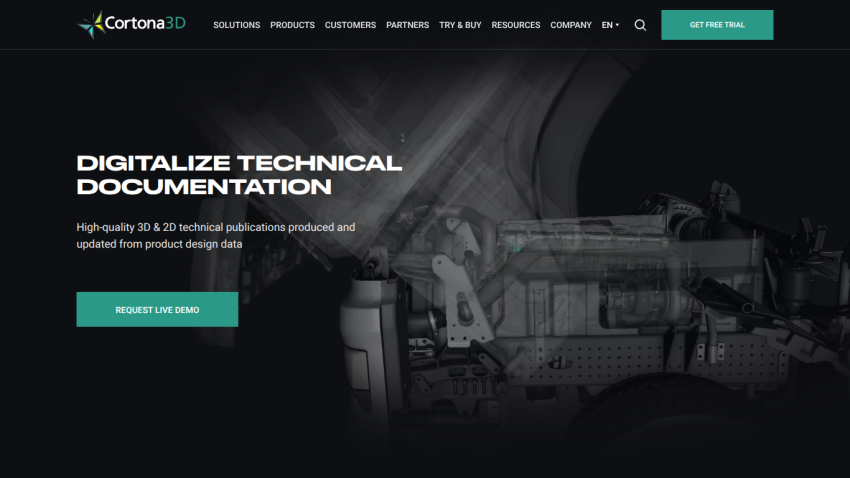 Cortona3D website offering digitalization of technical documentation with a call to action for a live demo