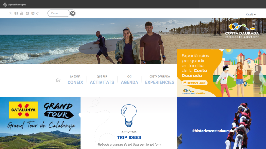 Tourism website for Costa Daurada with navigation links and promotional banners for family experiences and Grand Tour de Catalunya