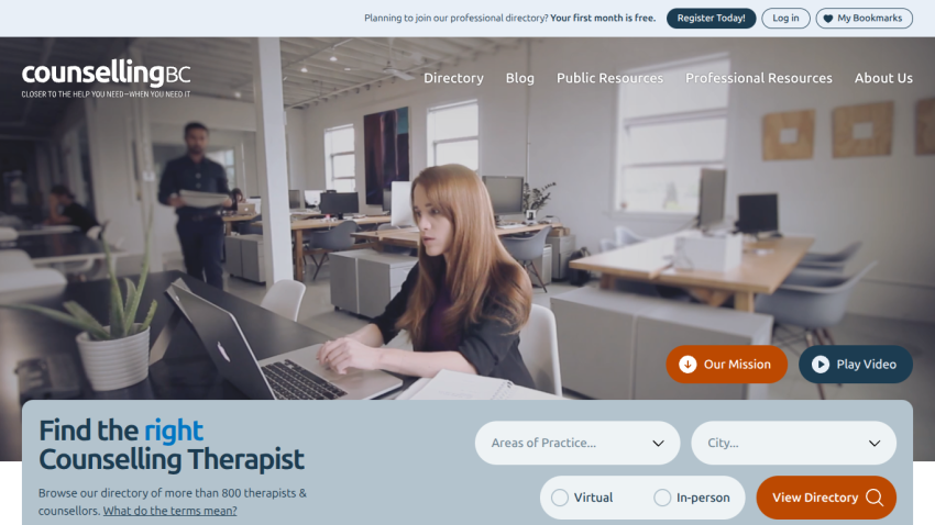 Counselling BC homepage with navigation, search filters for therapists by practice and city, and options for virtual or in-person sessions