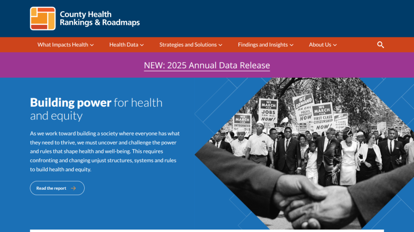 County Health Rankings and Roadmaps site promoting health equity with a call to action.