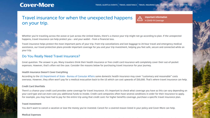 Cover-More travel insurance page explaining coverage benefits and reasons to purchase travel insurance
