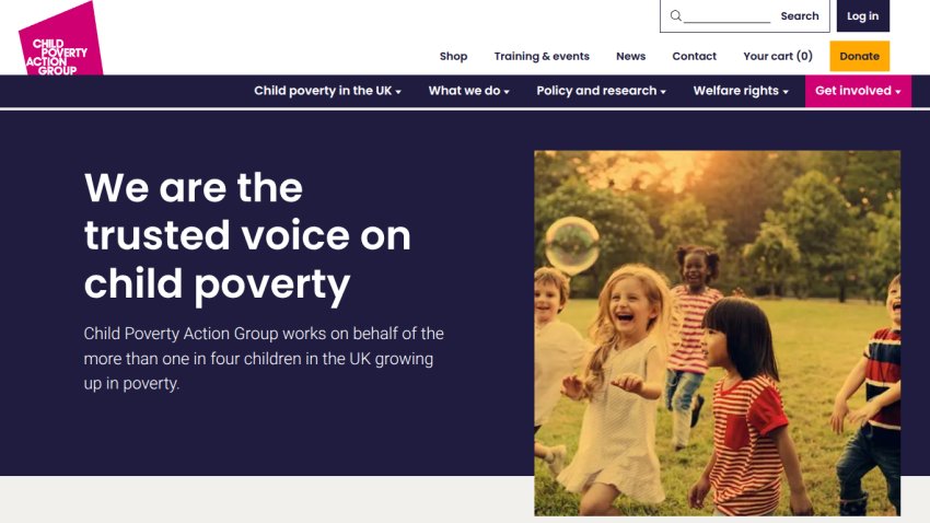 Child Poverty Action Group homepage with headline about child poverty and image of children running outdoors