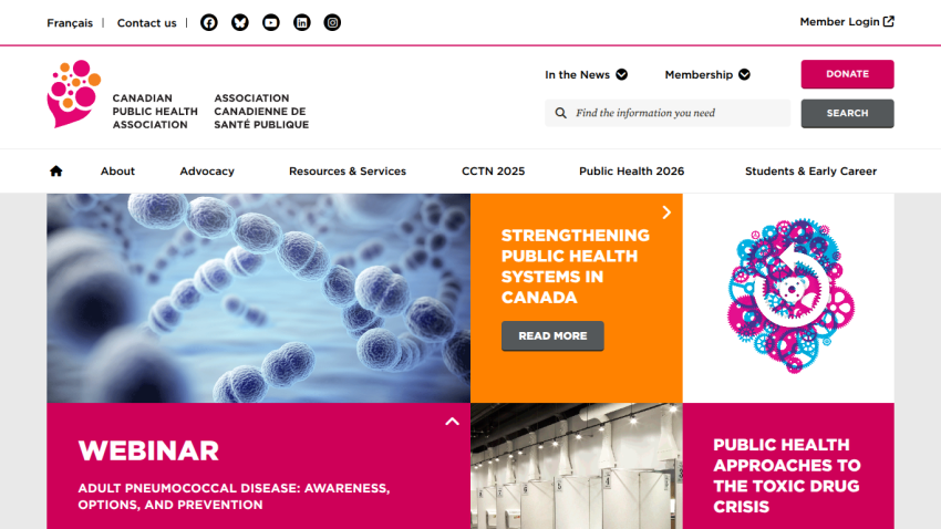 Canadian Public Health Association homepage featuring public health systems, webinar on pneumococcal disease, and toxic drug crisis topics