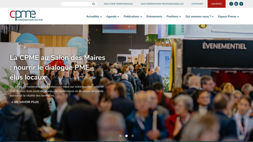 CPME homepage featuring an event announcement about the Salon des Maires with a crowded exhibition hall background