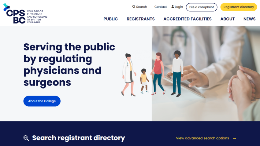 College of Physicians and Surgeons of British Columbia homepage with navigation and a call to action about the college