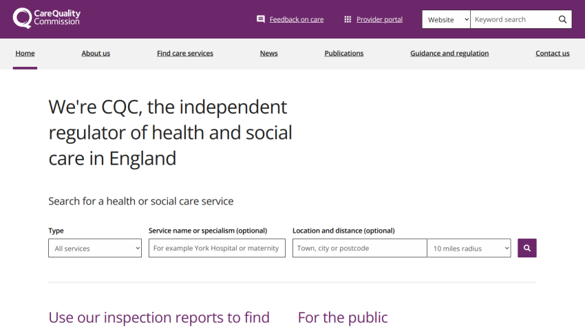 CQC homepage featuring search for health and social care services in England.