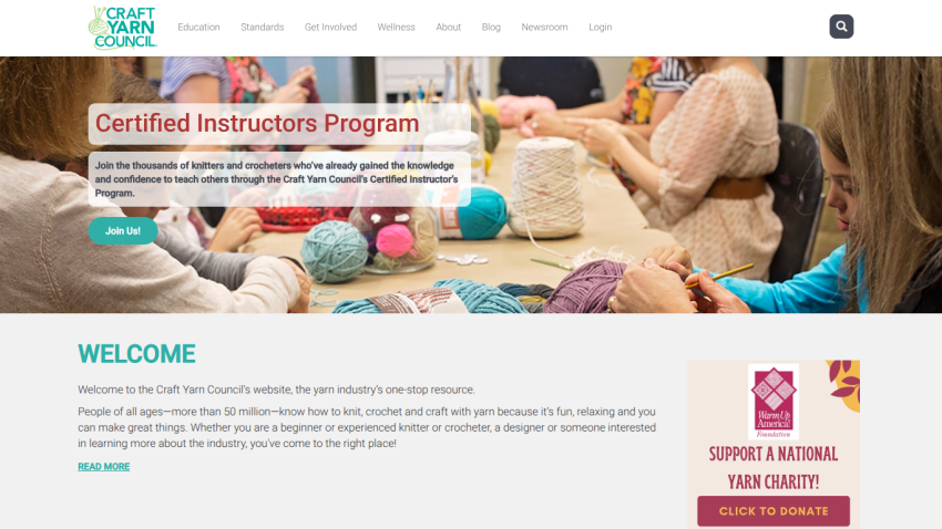 Craft Yarn Council website promoting Certified Instructors Program with knitting group image and welcome message