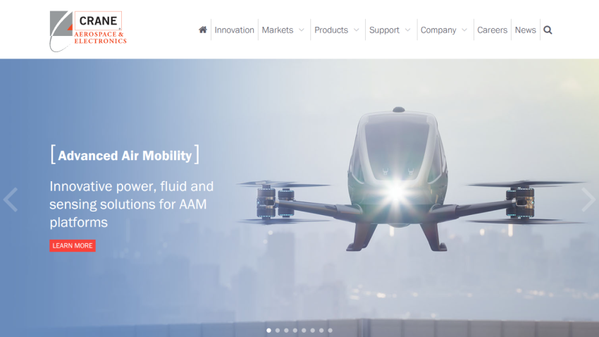 Crane Aerospace & Electronics homepage with navigation and hero section about advanced air mobility solutions