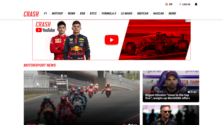 Homepage of Crash.net featuring motorsport news and a YouTube video link.