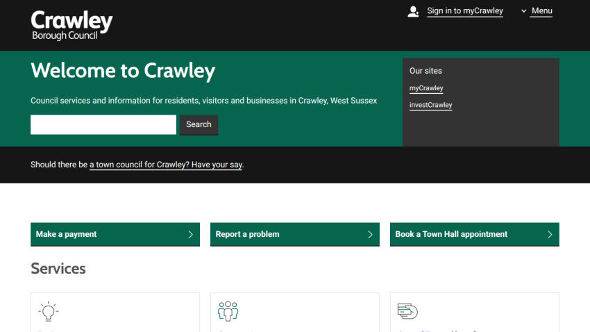 Crawley Borough Council homepage with welcome message, search bar, and quick links for payments, reporting problems, and booking appointments
