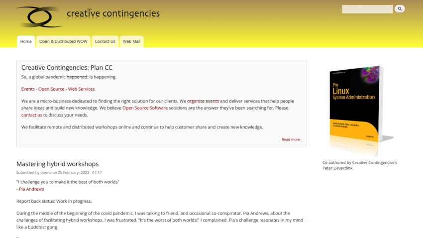 Creative Contingencies homepage with navigation tabs, introduction to Plan CC, and book promotion for Pro Linux System Administration