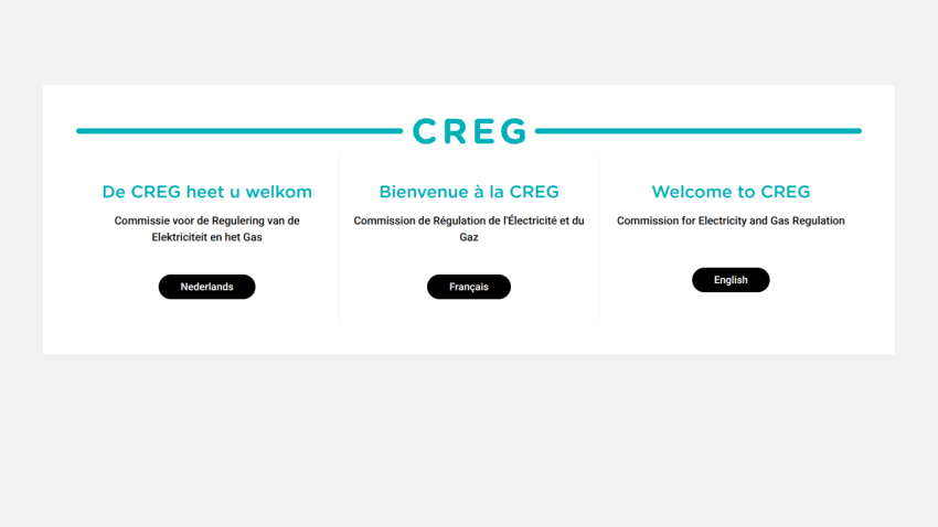 Welcome page of CREG with language options in Dutch, French, and English for electricity and gas regulation commission