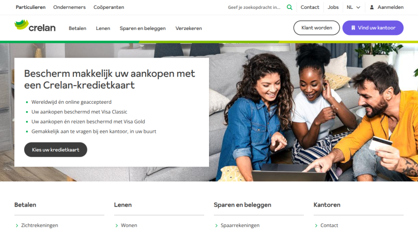 Crelan credit card promotion with smiling people and benefits listed in Dutch