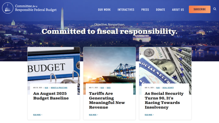 Website for the Committee for a Responsible Federal Budget featuring articles on fiscal responsibility.