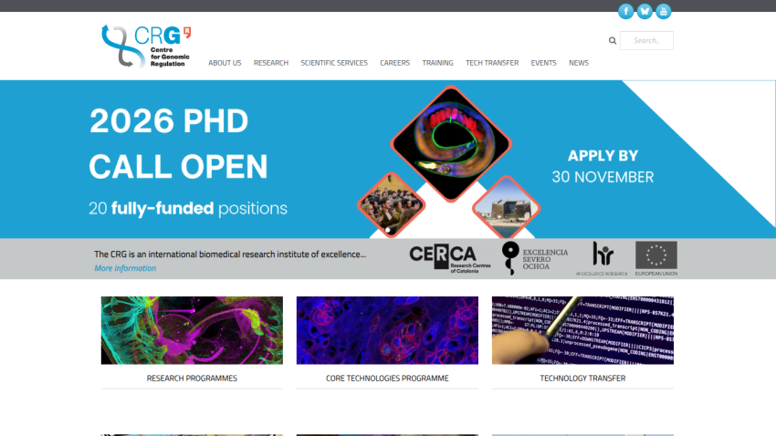 Centre for Genomic Regulation website announcing 2026 PhD call open with 20 fully-funded positions, apply by 30 November
