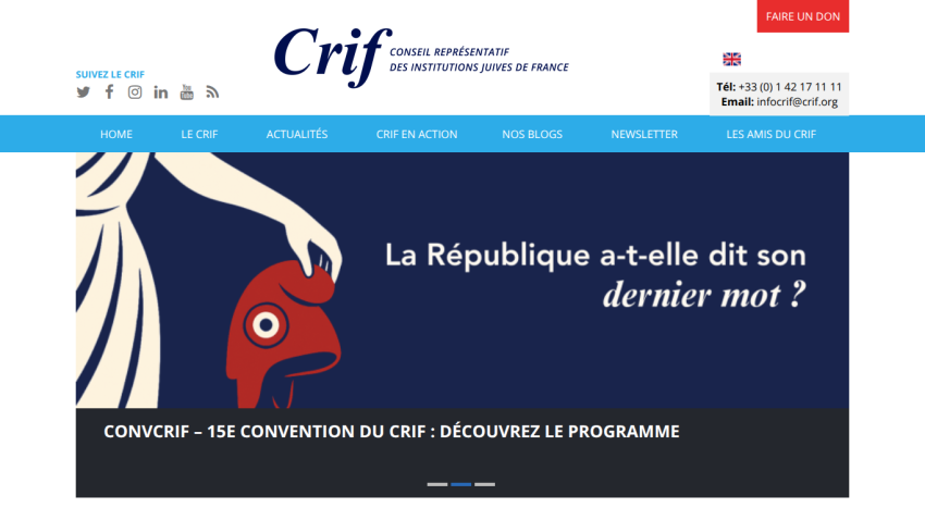 CRIF website header with navigation and hero banner about the Republic's last word and 15th CRIF convention program