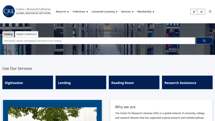 Website header with navigation and services section including digitization and research assistance.
