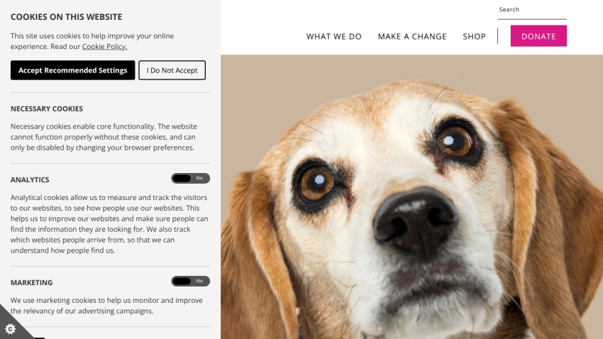 Website header with navigation links and a large close-up image of a dog’s face, plus a cookie consent banner at the bottom