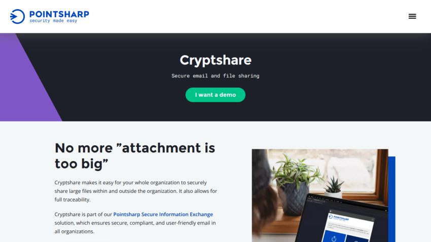 Cryptshare secure email and file sharing service with demo request and description of large file sharing benefits