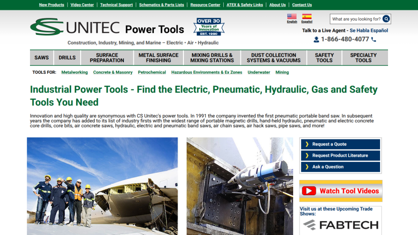Industrial power tools website with navigation, product categories, contact info, and images of workers and tools