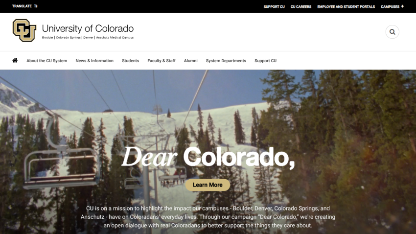 University of Colorado homepage featuring a scenic mountain background and a welcome message.