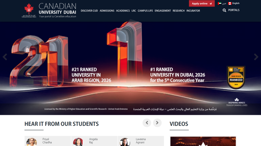 Canadian University Dubai homepage showing rankings and navigation menu with apply online button