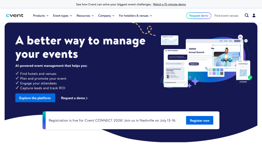 Event management platform homepage with headline, benefits list, and registration button for CONNECT 2023 event