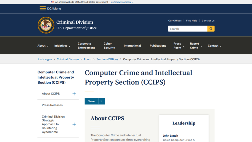 U.S. Department of Justice Criminal Division page for Computer Crime and Intellectual Property Section with navigation and leadership info.