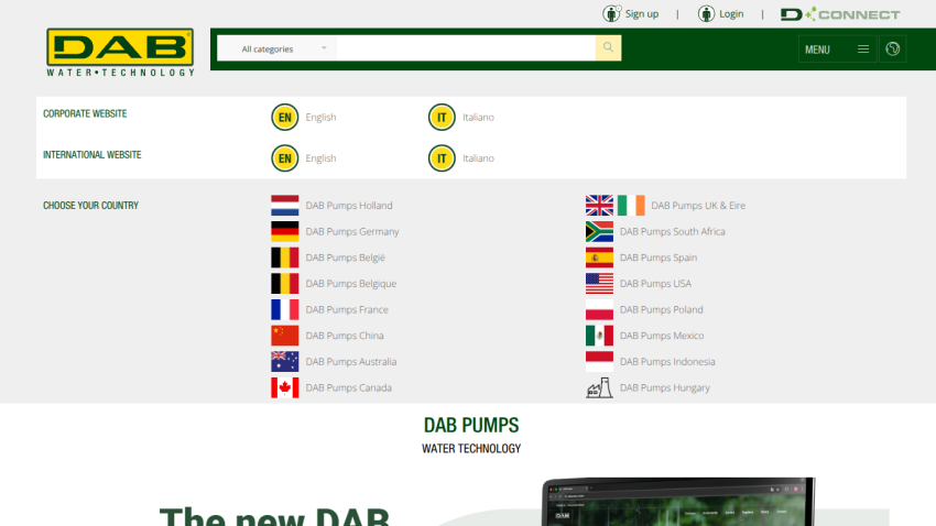 DAB Pumps website with language and country options, search bar, and hero section introducing water technology products