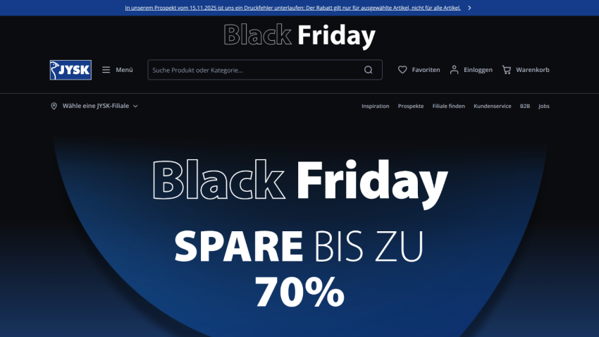 JYSK website Black Friday sale with up to 70% discount promotion and navigation menu