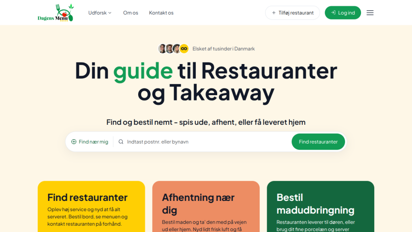 Restaurant and takeaway guide in Denmark with search options and service descriptions