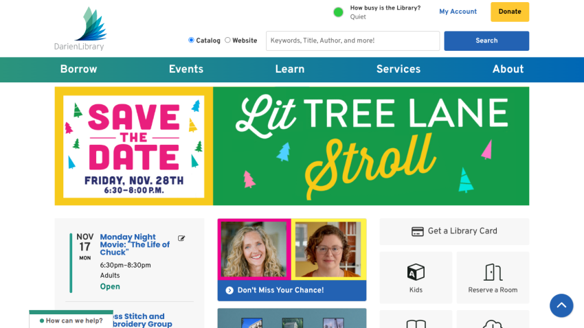 Darien Library homepage with navigation, event announcements, search bar, and library services