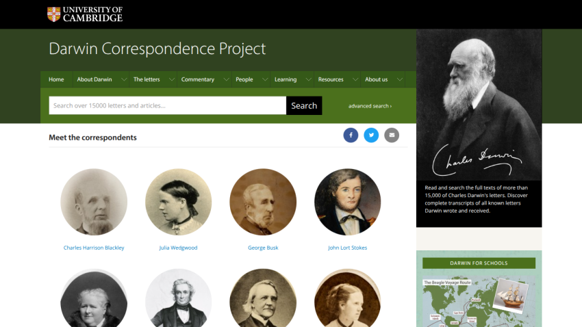 Darwin Correspondence Project homepage with search bar, navigation menu, and portraits of correspondents.